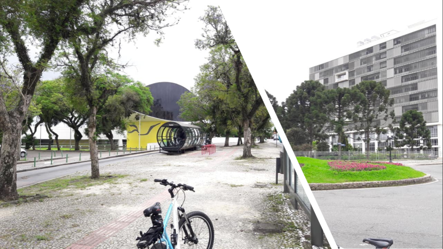 Estação tubo do Ligeirinho e a Praça Rômulo e Remo, com vista do Tribunal de Justiça.