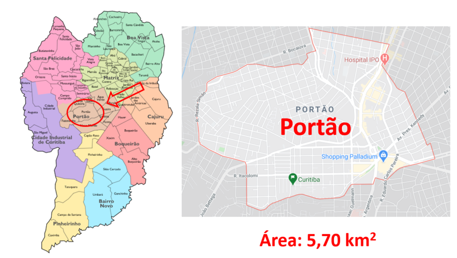 Mapa do bairro Portão em Curitiba (PR).