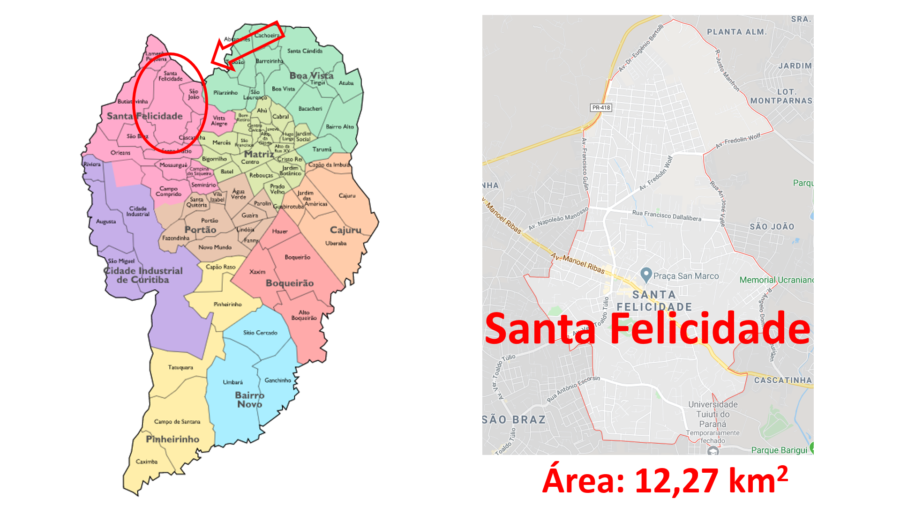 Mapa do bairro Santa Felicidade em Curitiba (PR).