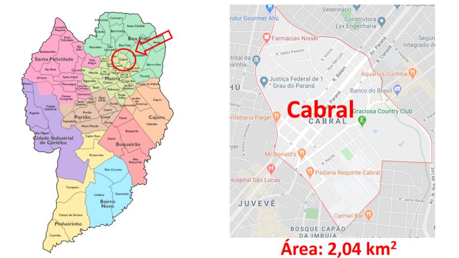 Mapa do bairro Cabral em Curitiba (PR).
