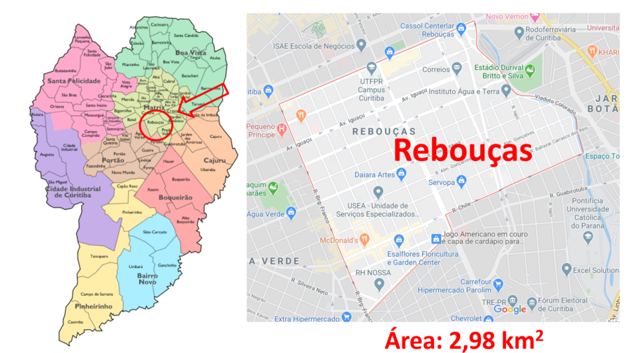 Mapa do bairro Rebouças em Curitiba (PR).