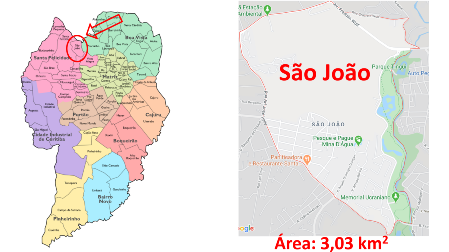 Mapa do bairro São João em Curitiba (PR).