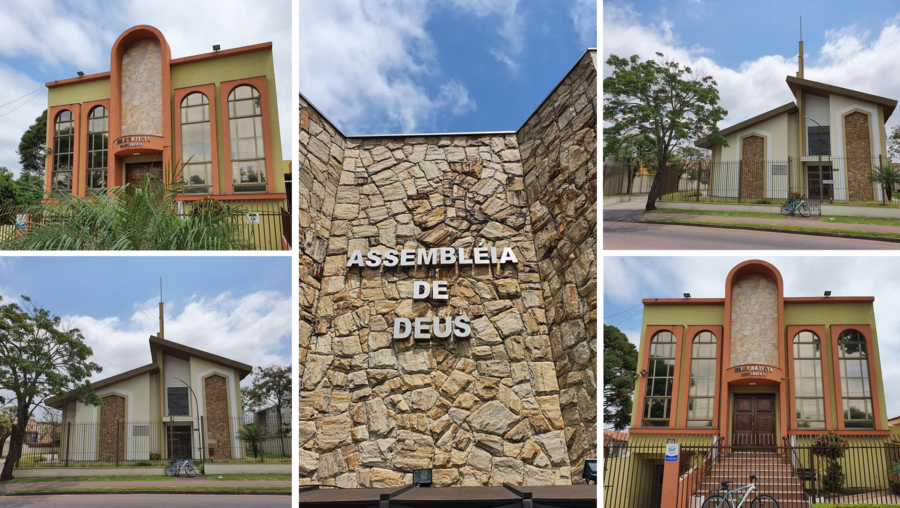 Igreja Batista Independiente da Fazendinha e Igreja de Jesus dos Últimos Dias (nas diagonais). Ao centro, Assembleia de Deus.