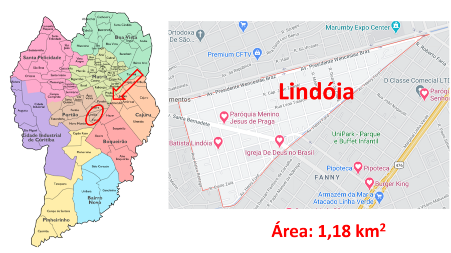 Mapa do bairro Lindóia em Curitiba (PR).