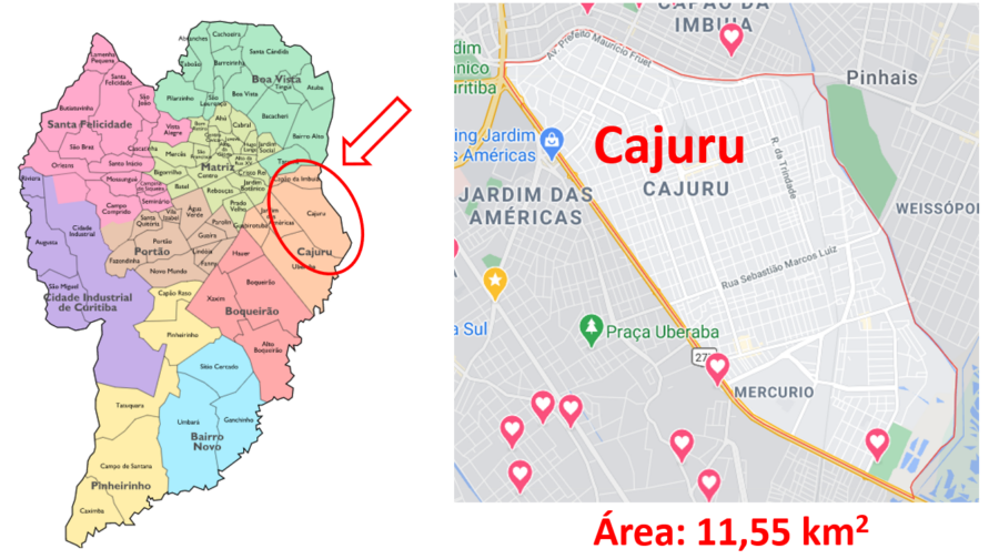 Mapa do bairro Cajuru em Curitiba, Paraná.